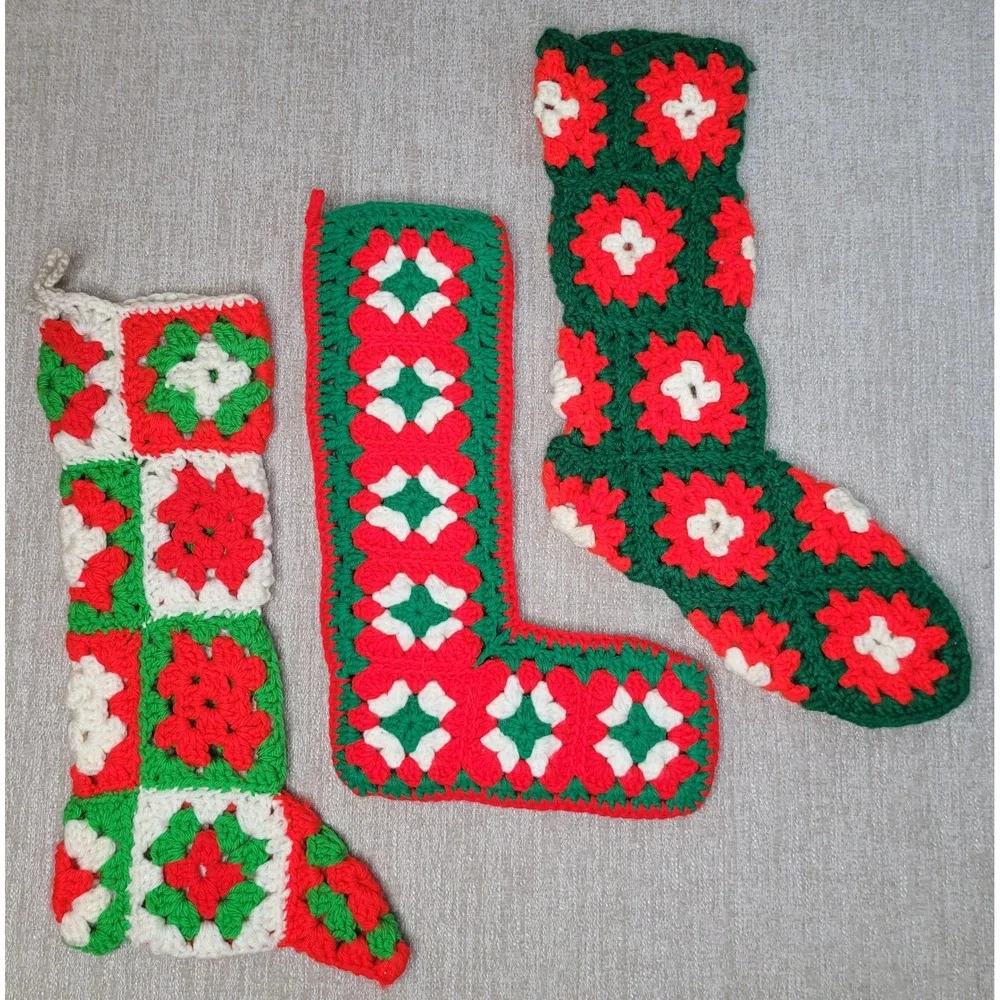 3 Vintage Hand Made Christmas Stockings Red Green White Granny‎ Square Crochet